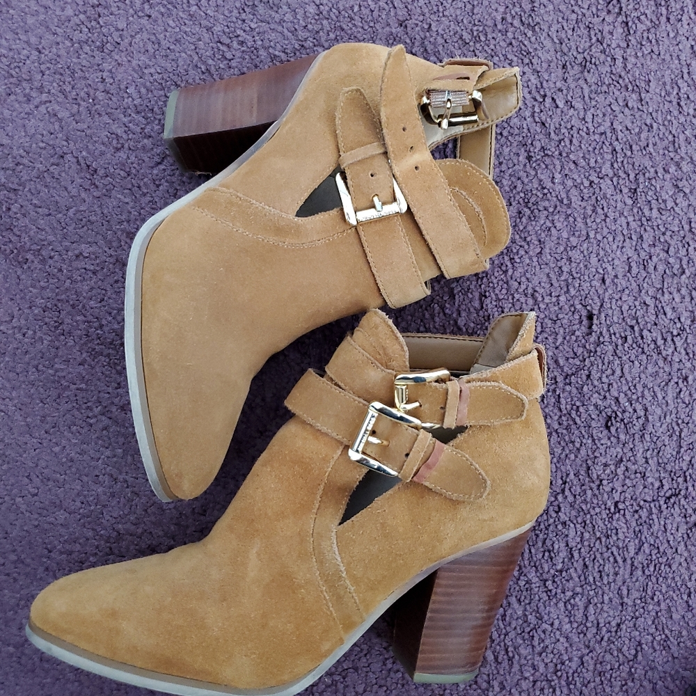 MICHAEL KORS Womens Acorn Brown Sided Walden Block Heel Leather Booties 7 M